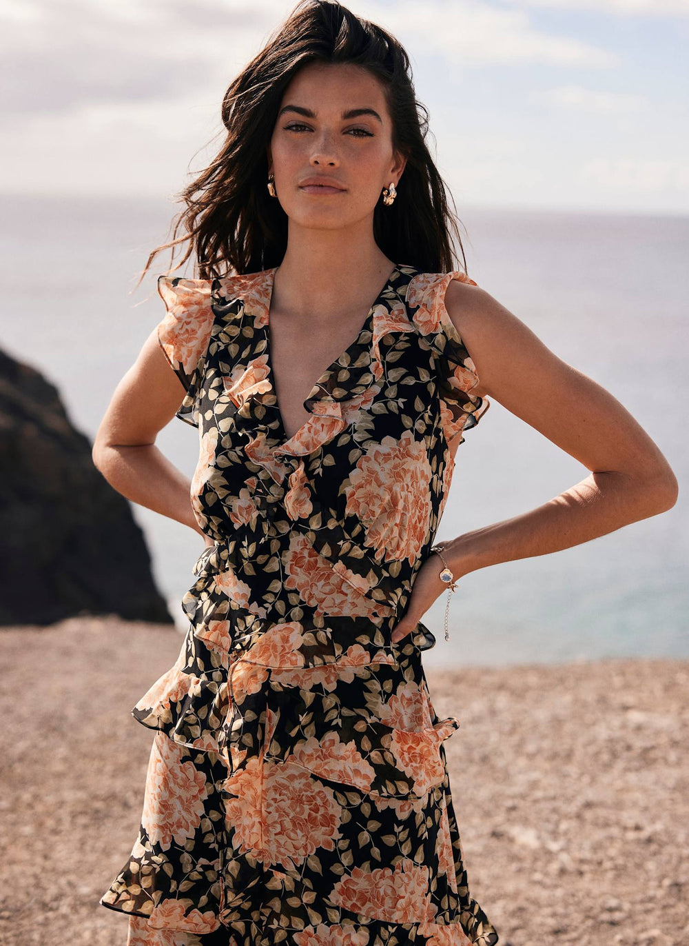 Orange Floral Print Midi Dress