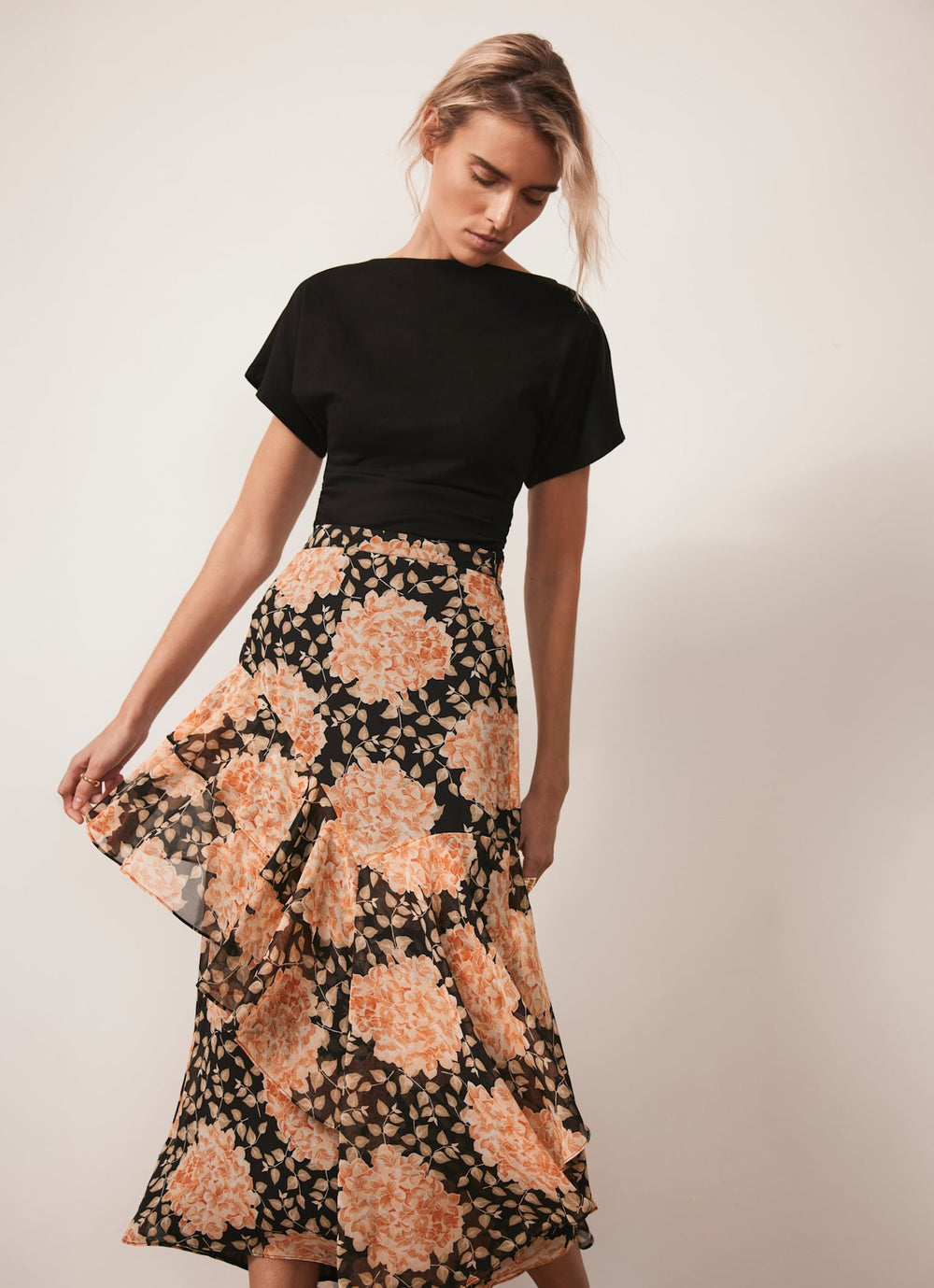 Orange Floral Print Midi Skirt