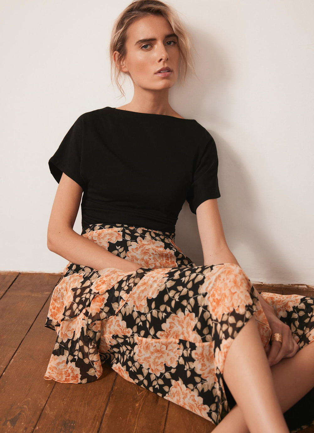 Orange Floral Print Midi Skirt