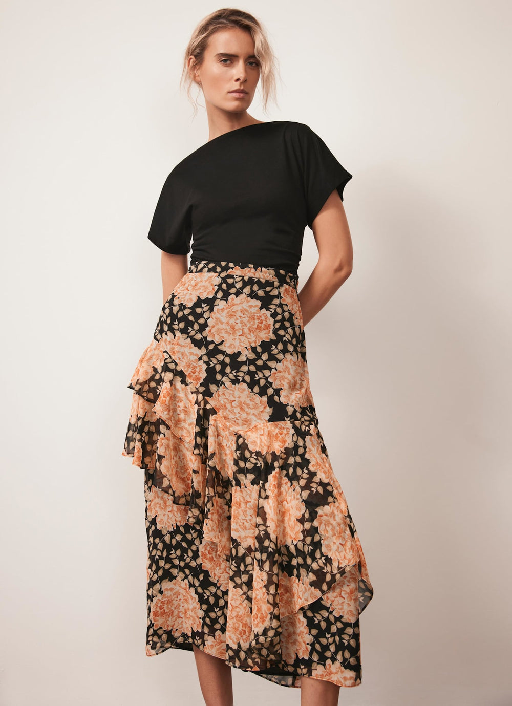Orange Floral Print Midi Skirt