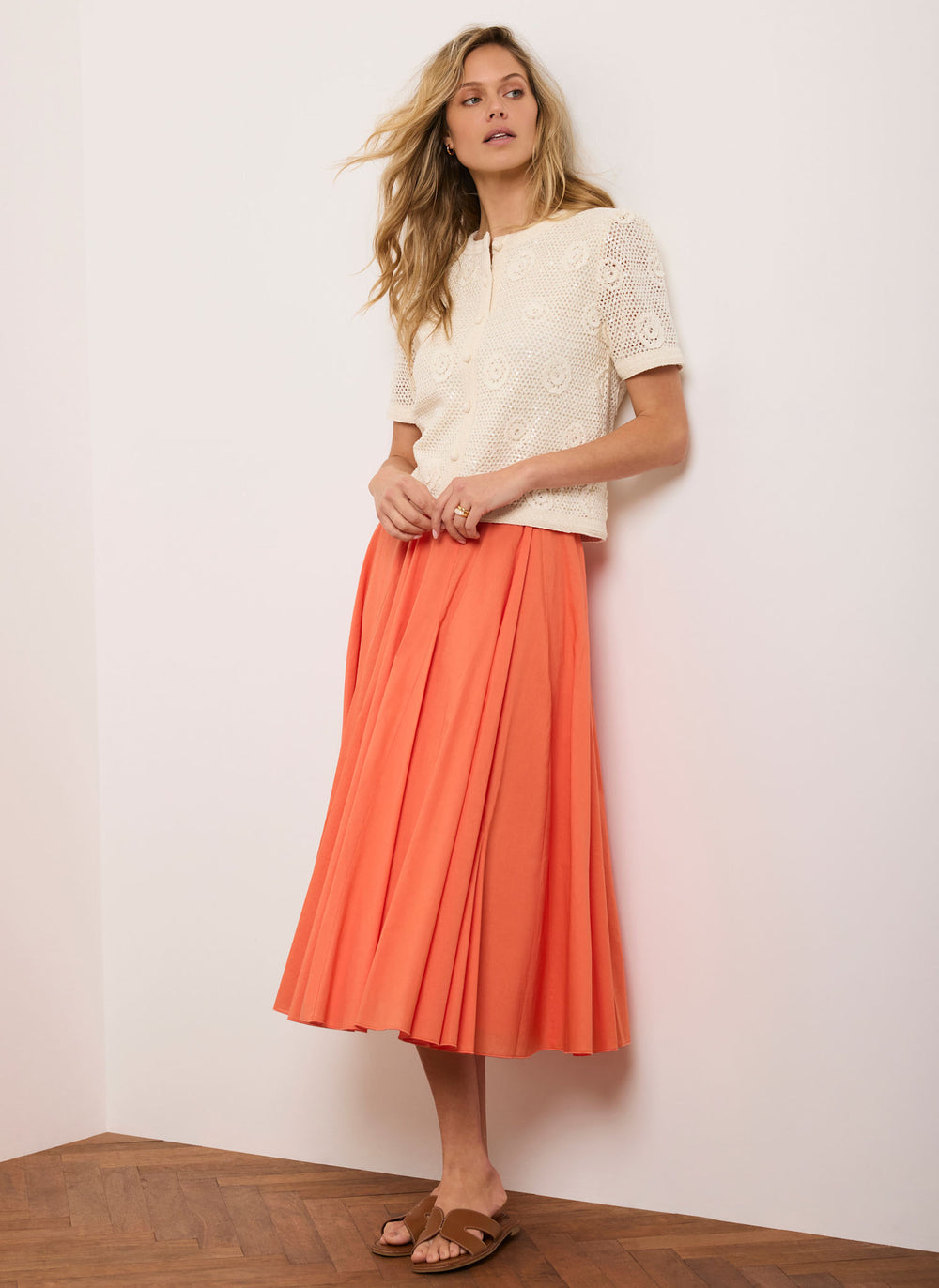 Orange Cotton Full Midi Skirt