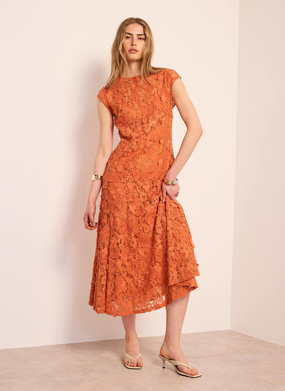 Orange Lace Midi Dress