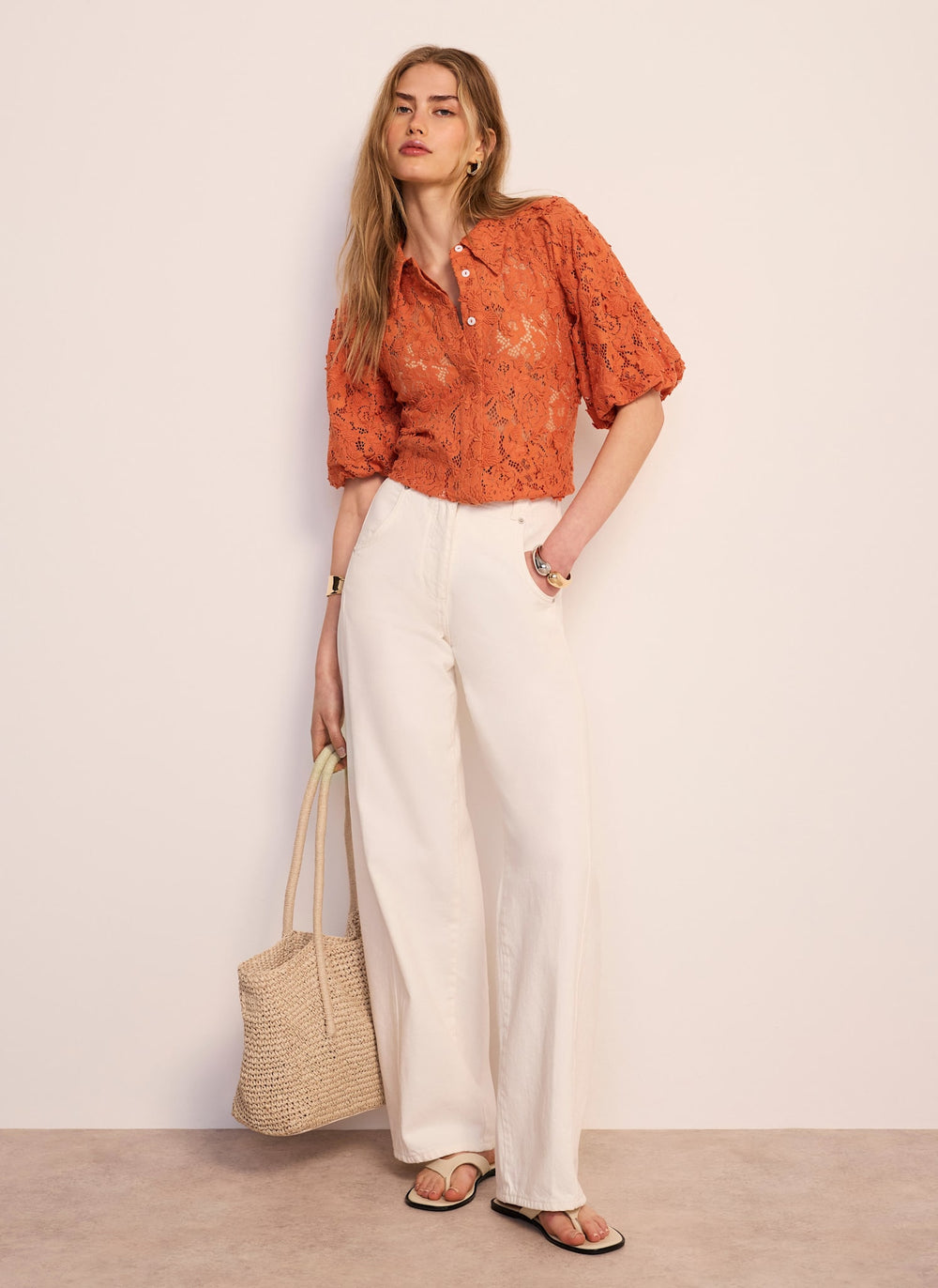 Orange Lace Puff Sleeve Shirt