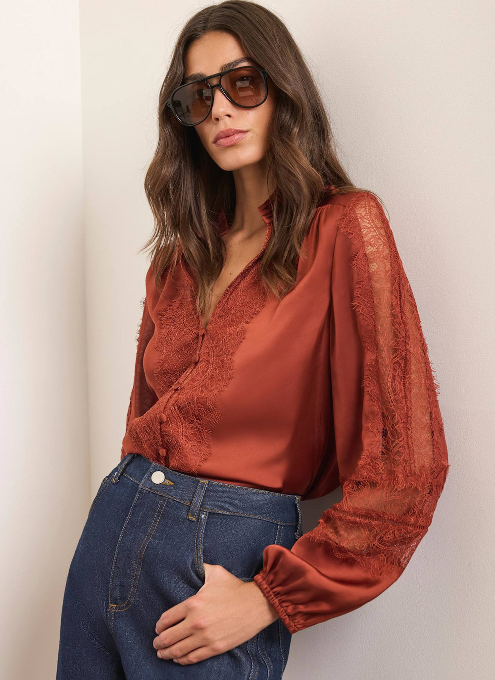 Deep Orange Satin Lace Detail Blouse