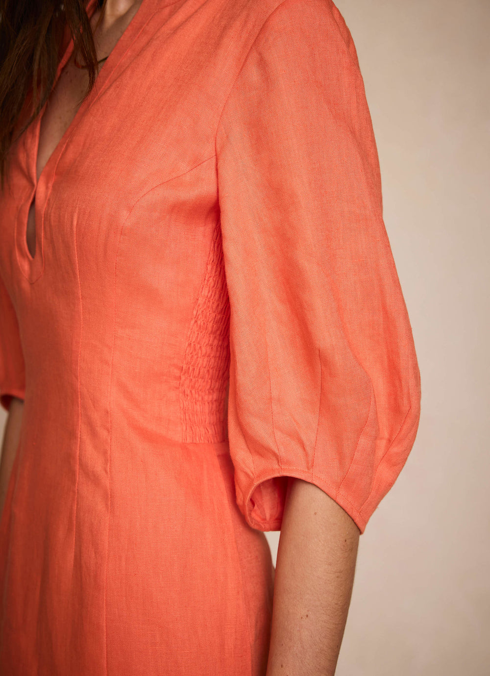 Orange Linen Puff Sleeve Midi Dress