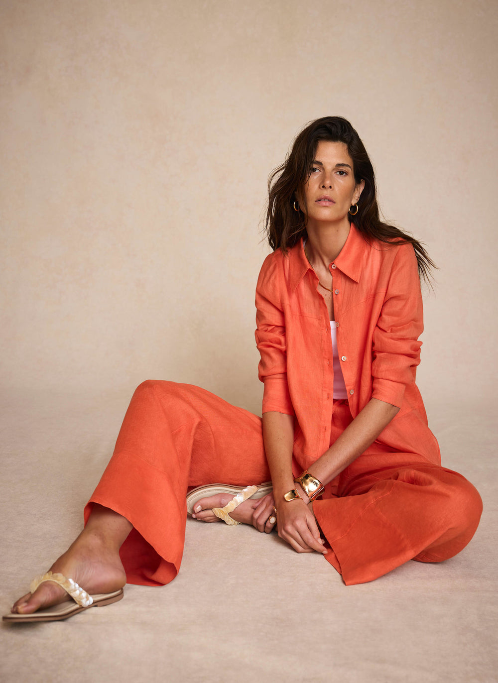 Orange Linen Drawstring Wide Leg Trousers