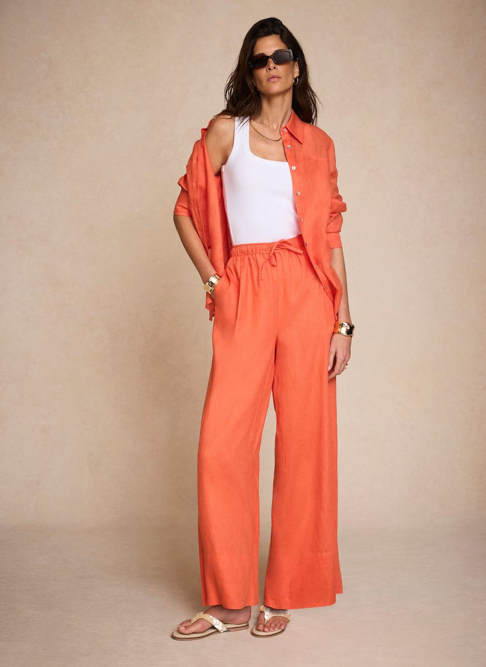 Orange Linen Drawstring Wide Leg Trousers