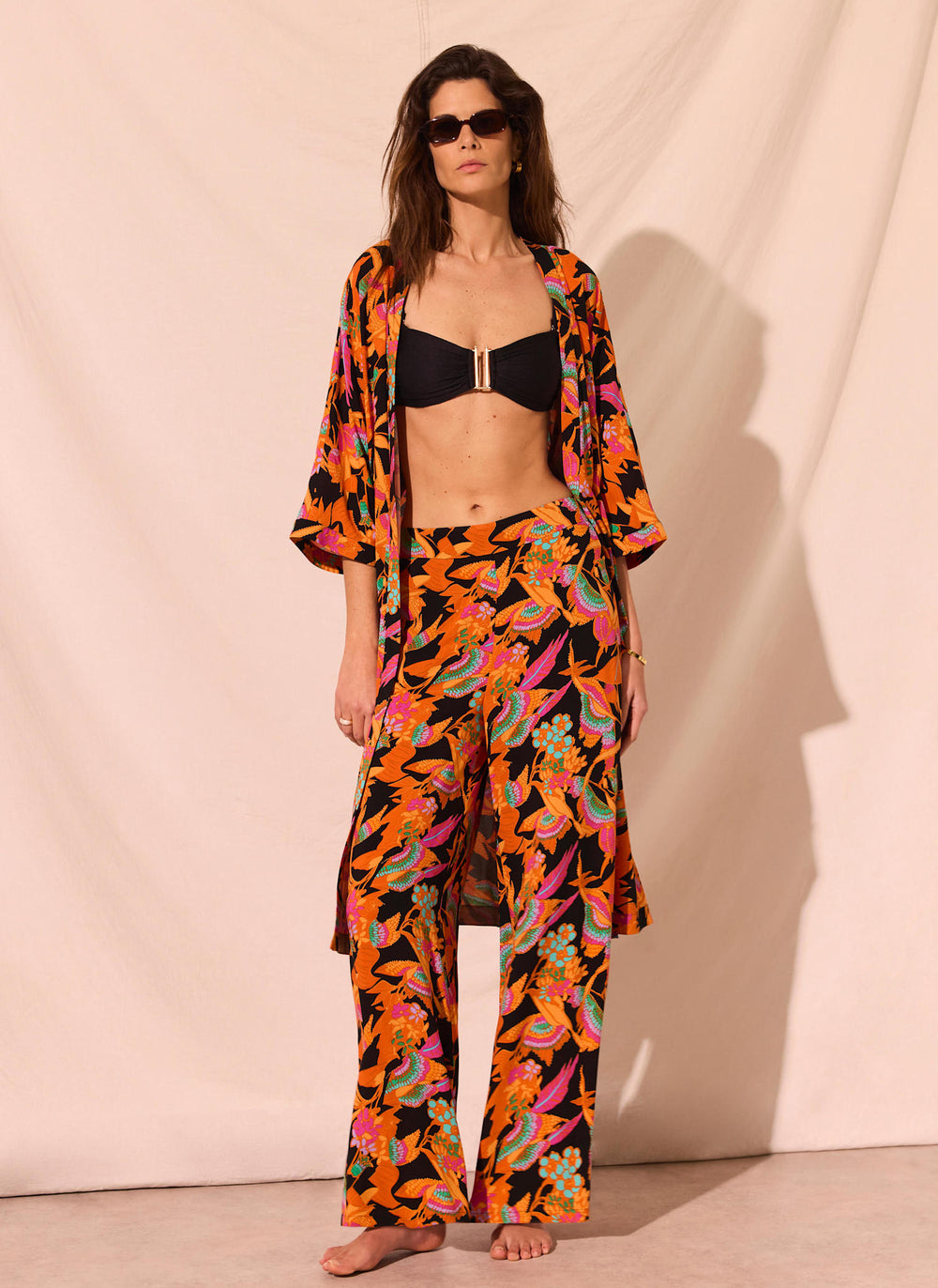 Orange Floral Print Wide Leg Trousers
