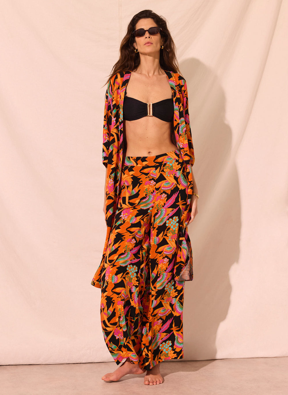 Orange Floral Print Wide Leg Trousers