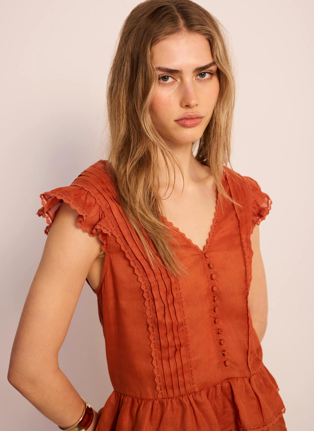Orange Ramie Ruffle Detail Blouse