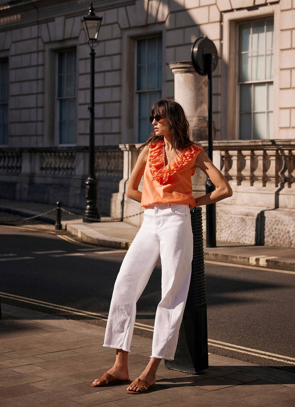 Orange Ruffle Front Top
