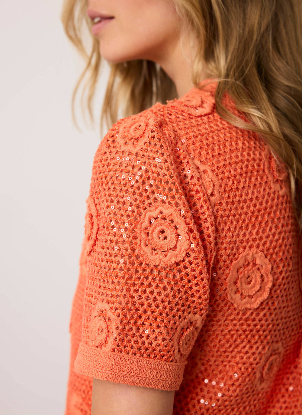 Orange Cotton Sequin Flower Crochet Top