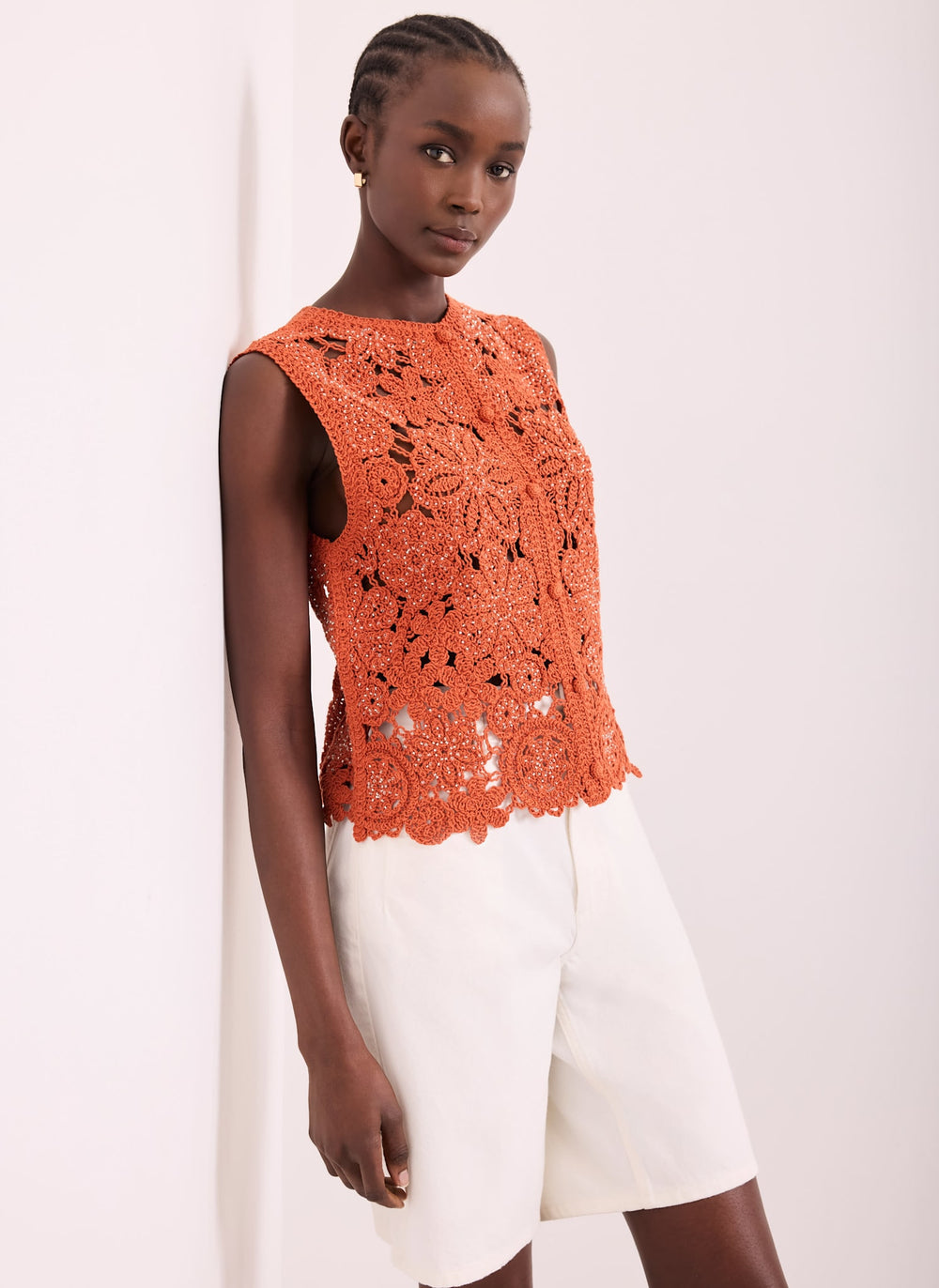 Orange Cotton Blend Crochet Embellished Waistcoat