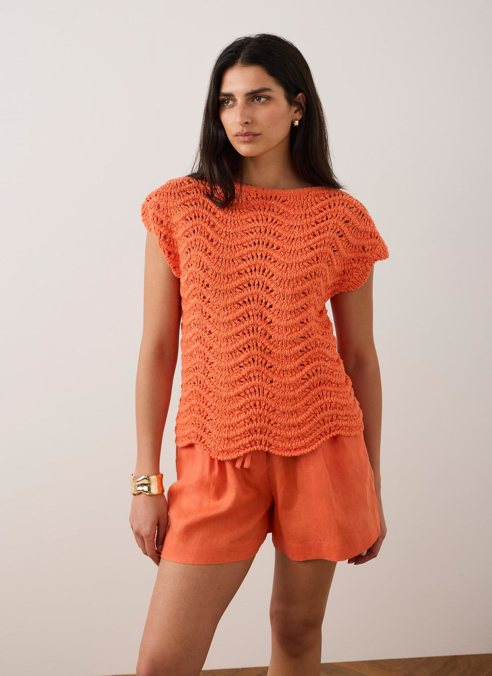 Orange Embellished Crochet Knit Top