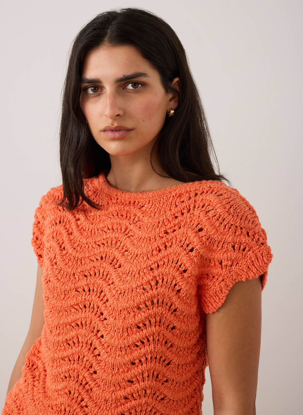 Orange Embellished Crochet Knit Top