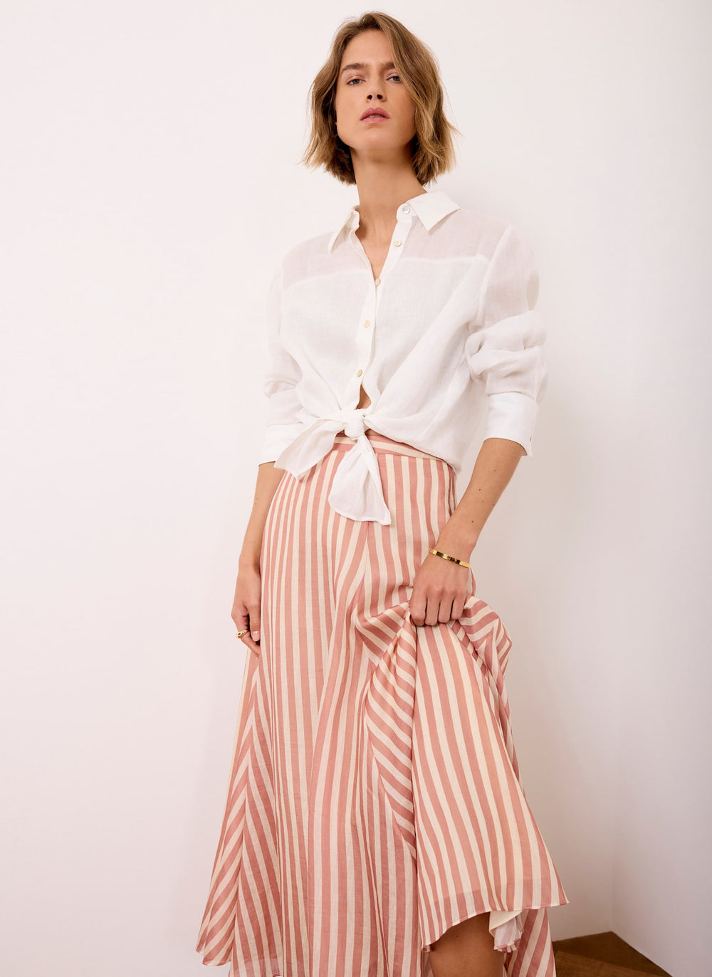 Orange Striped A Line Midi Skirt