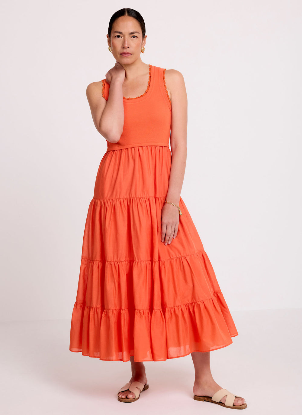 Orange Crochet Trim Tiered Midi Dress