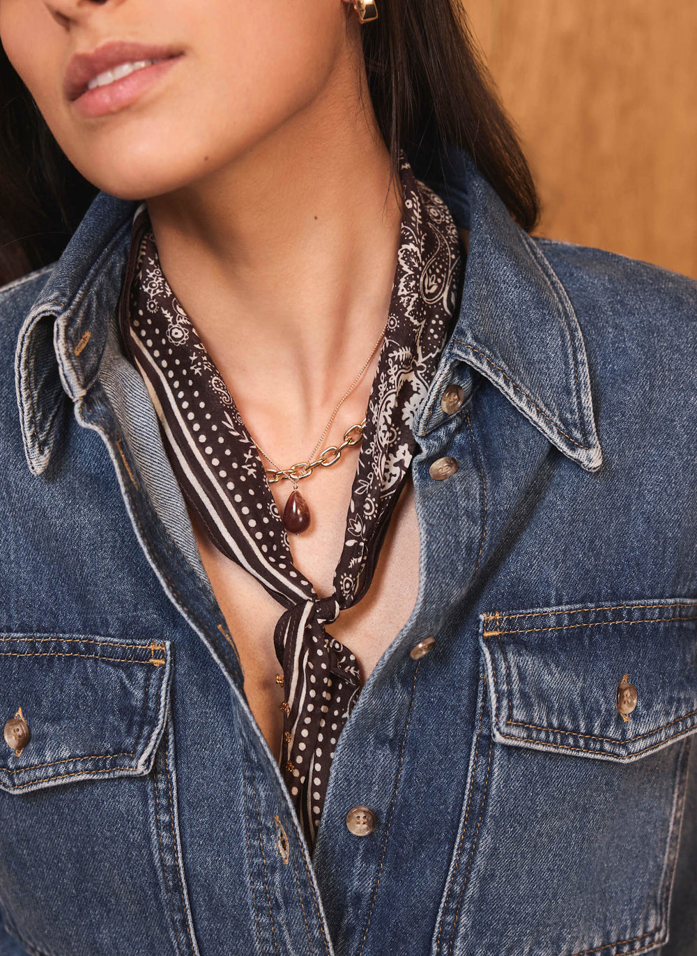 Brown Paisley Print Beaded Neck Scarf