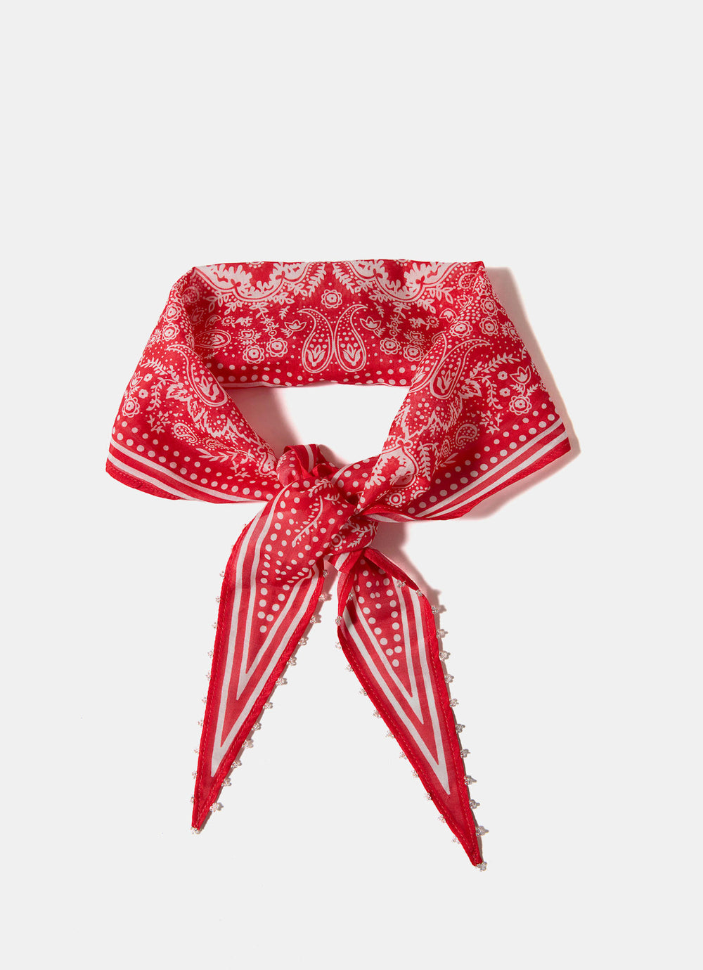 Red Paisley Print Beaded Neck Scarf