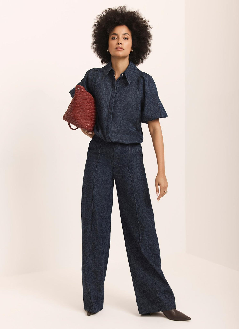 Navy Paisley Denim Wide Jeans