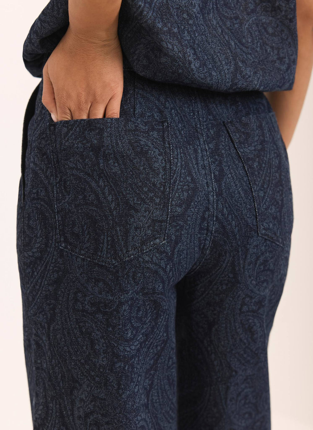 Navy Paisley Denim Wide Jeans