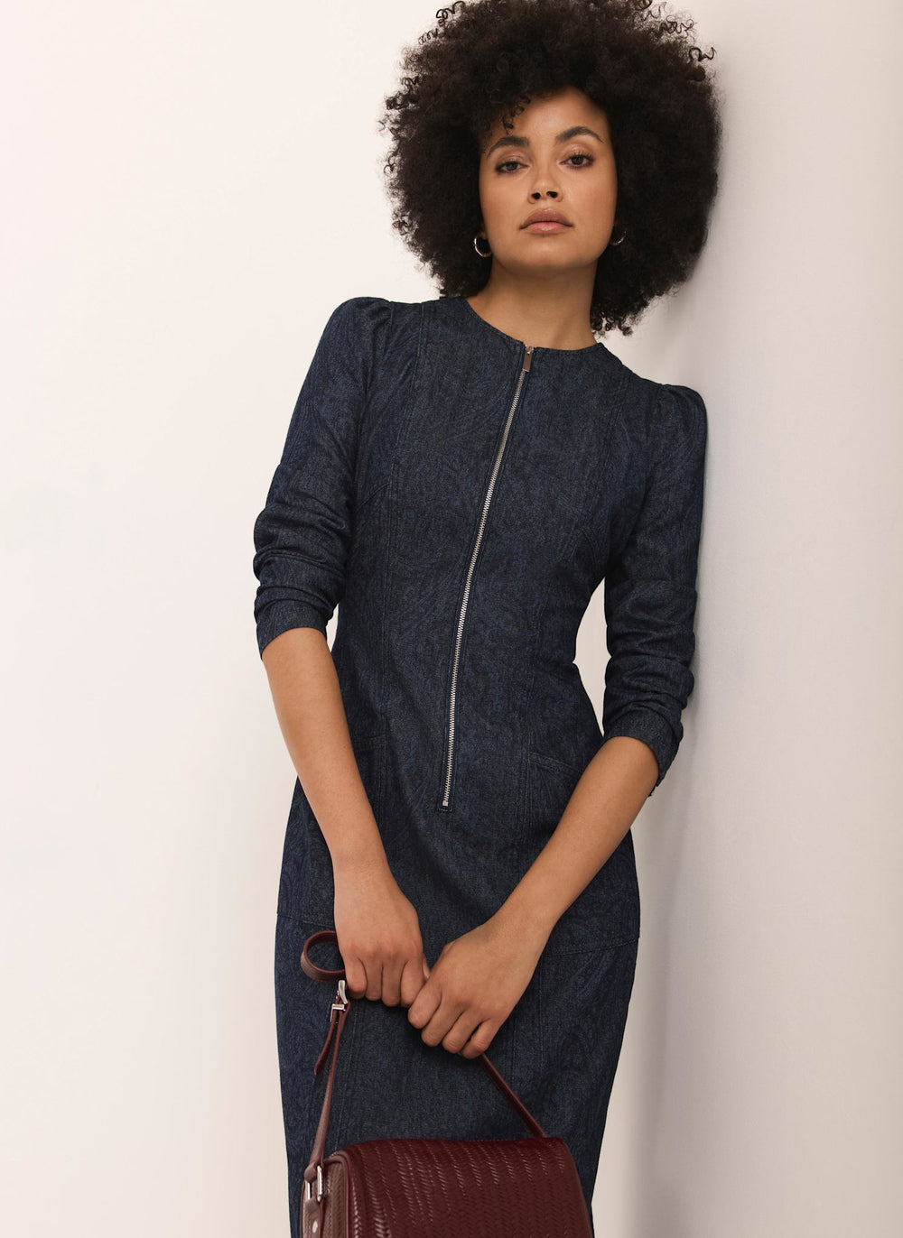 Dark Indigo Paisley Print Denim Midi Dress