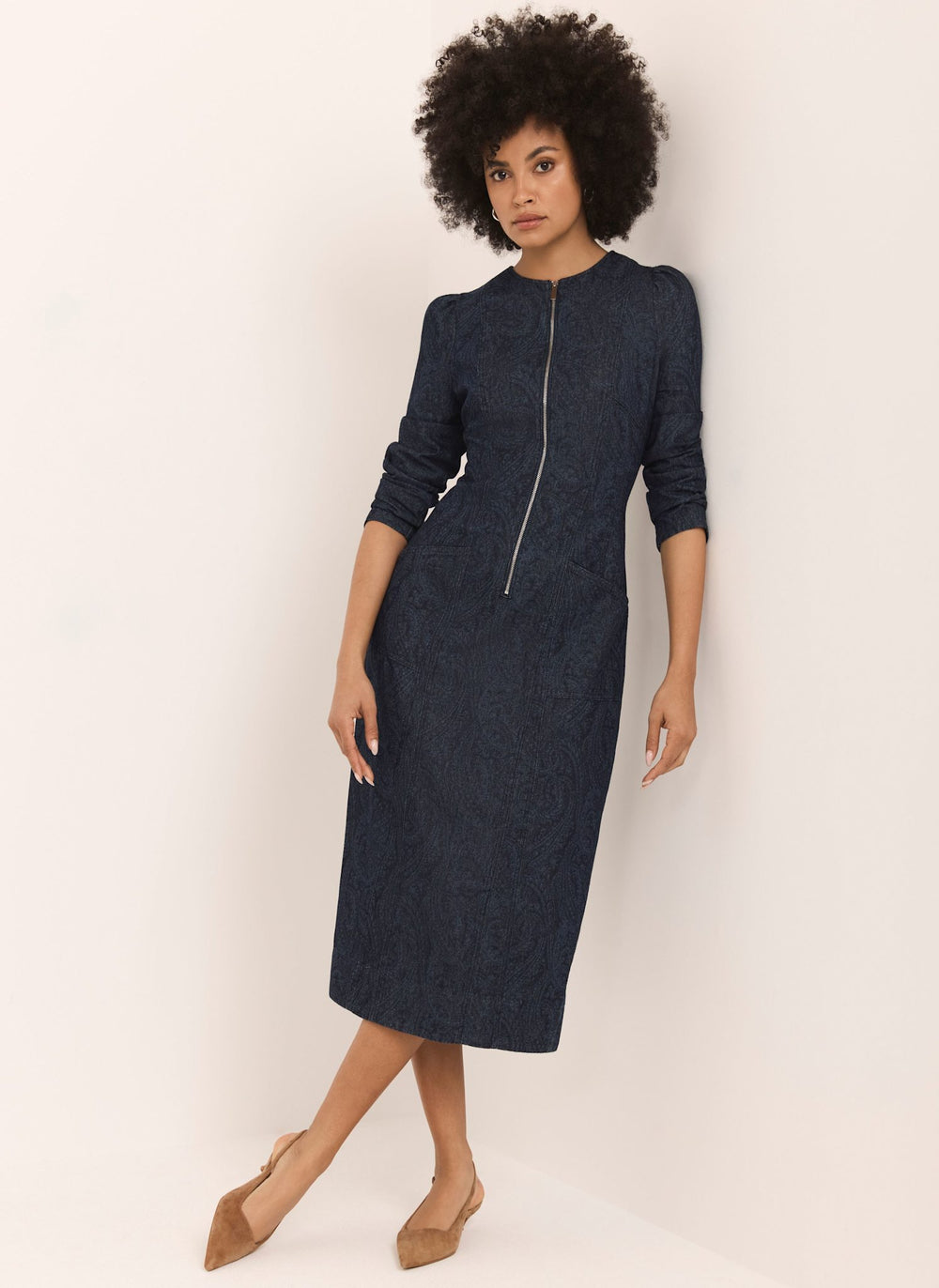 Dark Indigo Paisley Print Denim Midi Dress