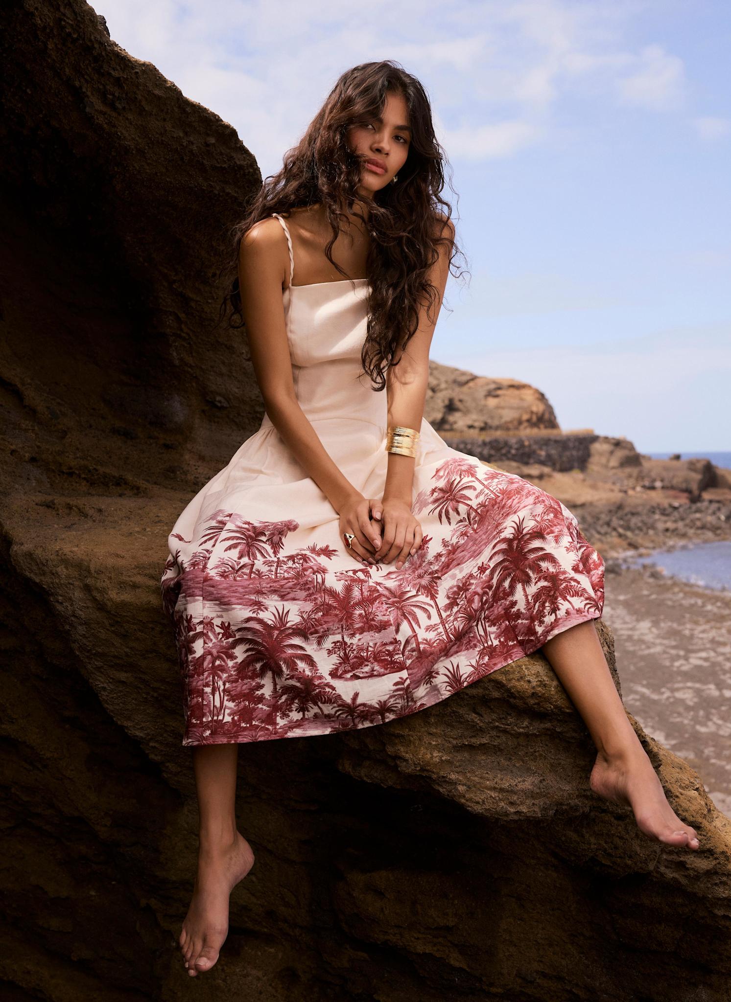 palm print beach dress Mint Velvet Cream Beige Blend Palm Print Midi Dress | Size 10 | Red | Sleeveless