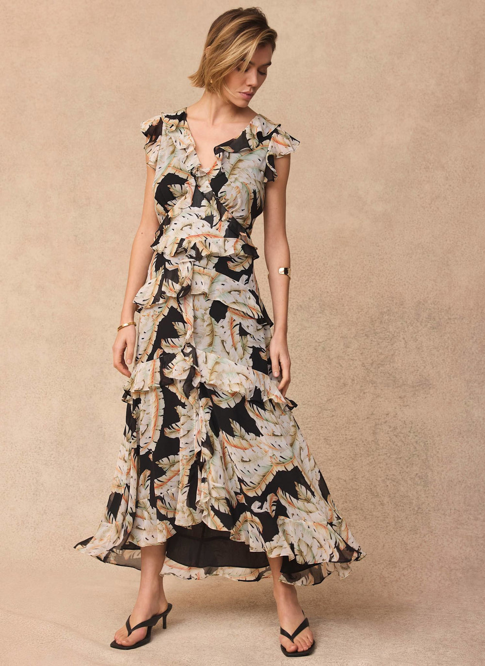 Black Palm Print Ruffle Midi Dress