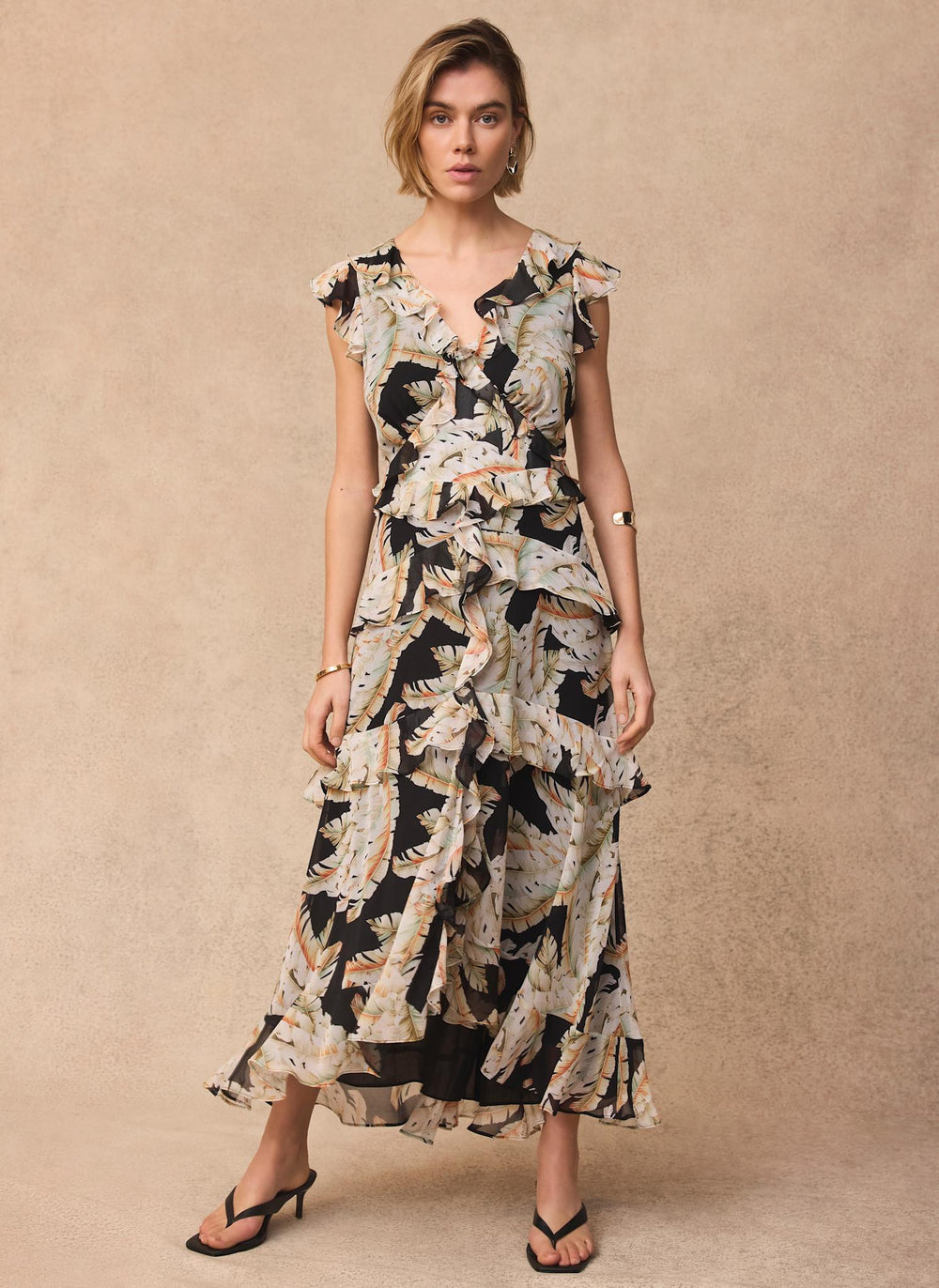 Black Palm Print Ruffle Midi Dress