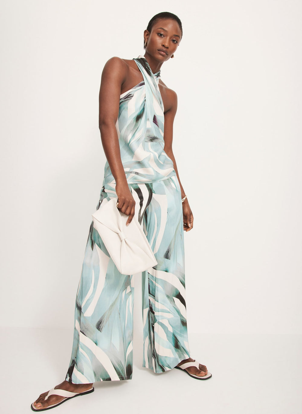 Blue Palm Print Satin Trousers