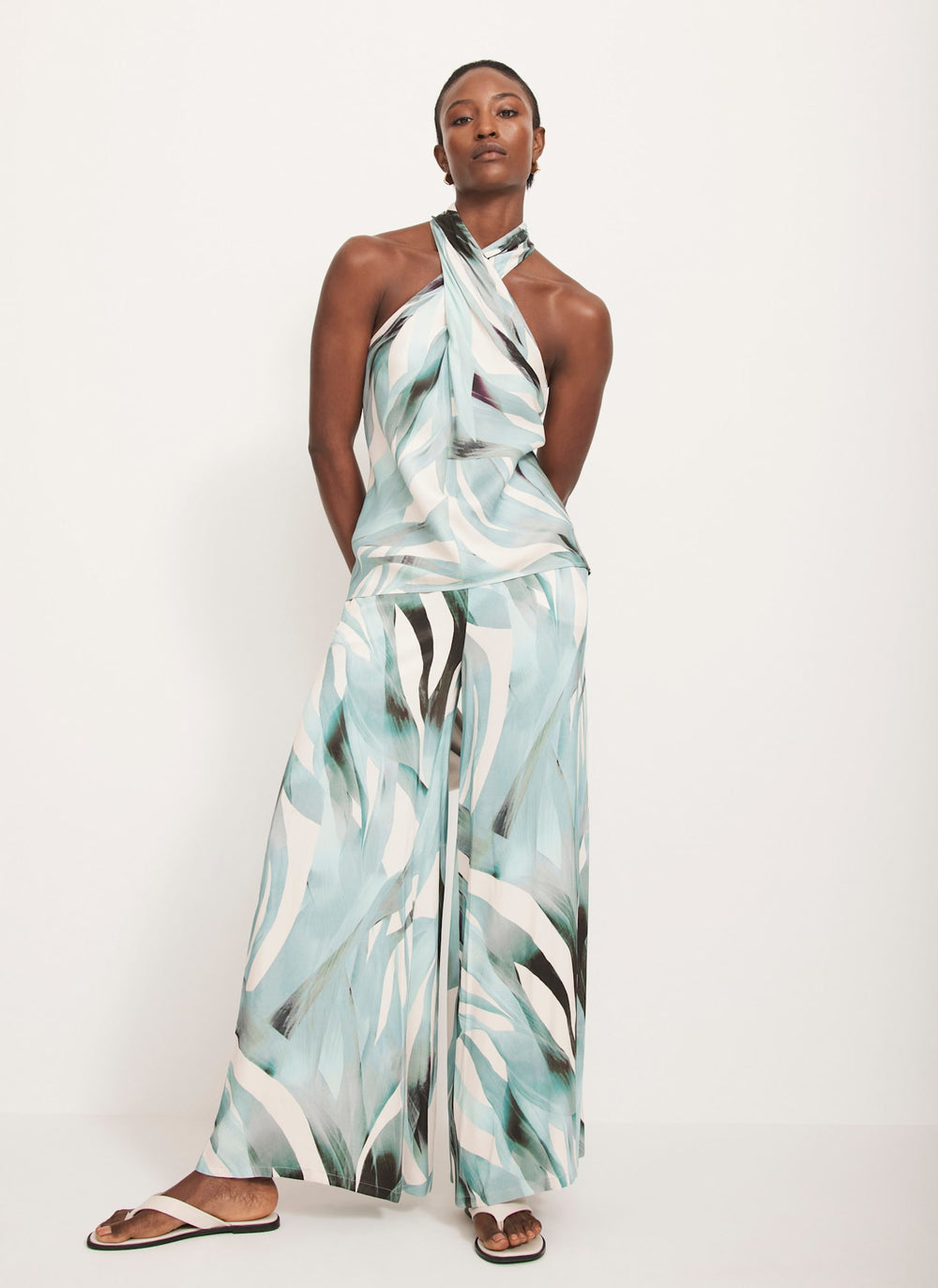 Blue Palm Print Satin Trousers