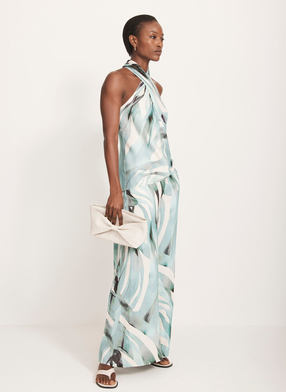 Blue Palm Print Satin Trousers