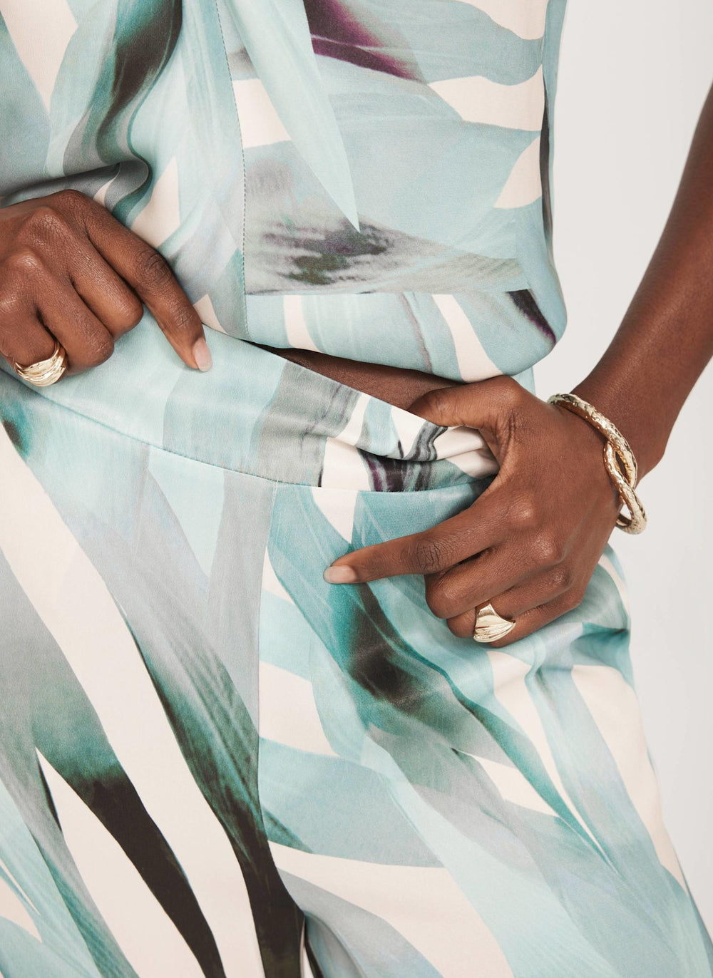 Blue Palm Print Satin Trousers