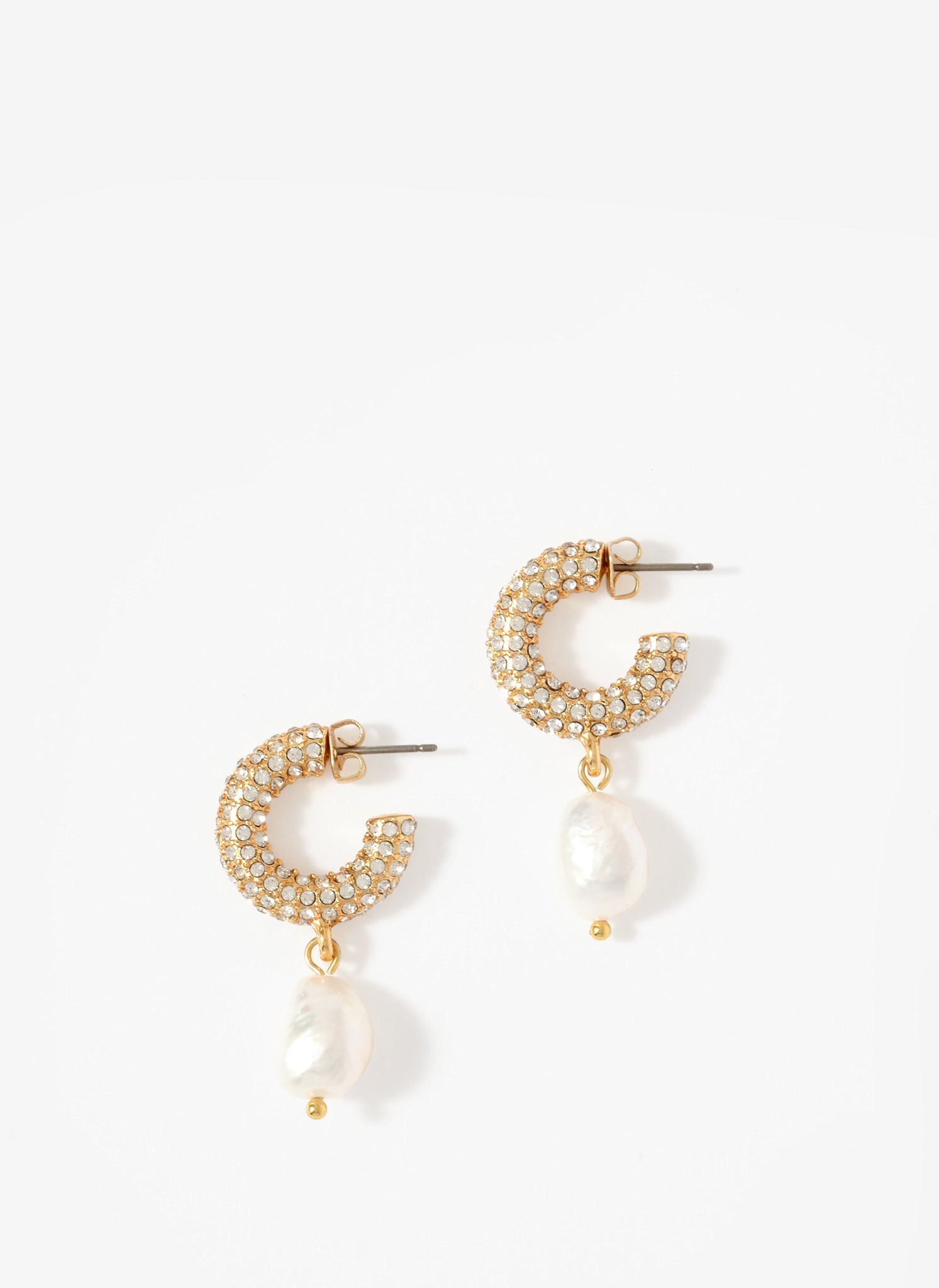 Teardrop White Sea Shell Pearl Earrings – Mixed Color CZ Pave, Lever Back, Yellow Gold Plated
