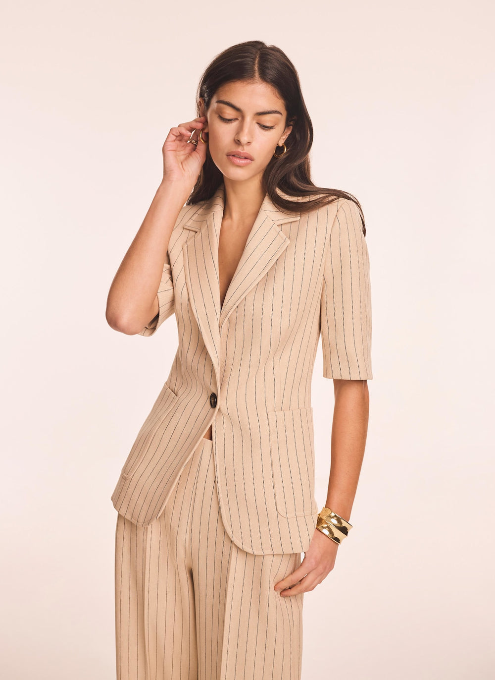 Neutral Pinstripe Short Sleeve Blazer