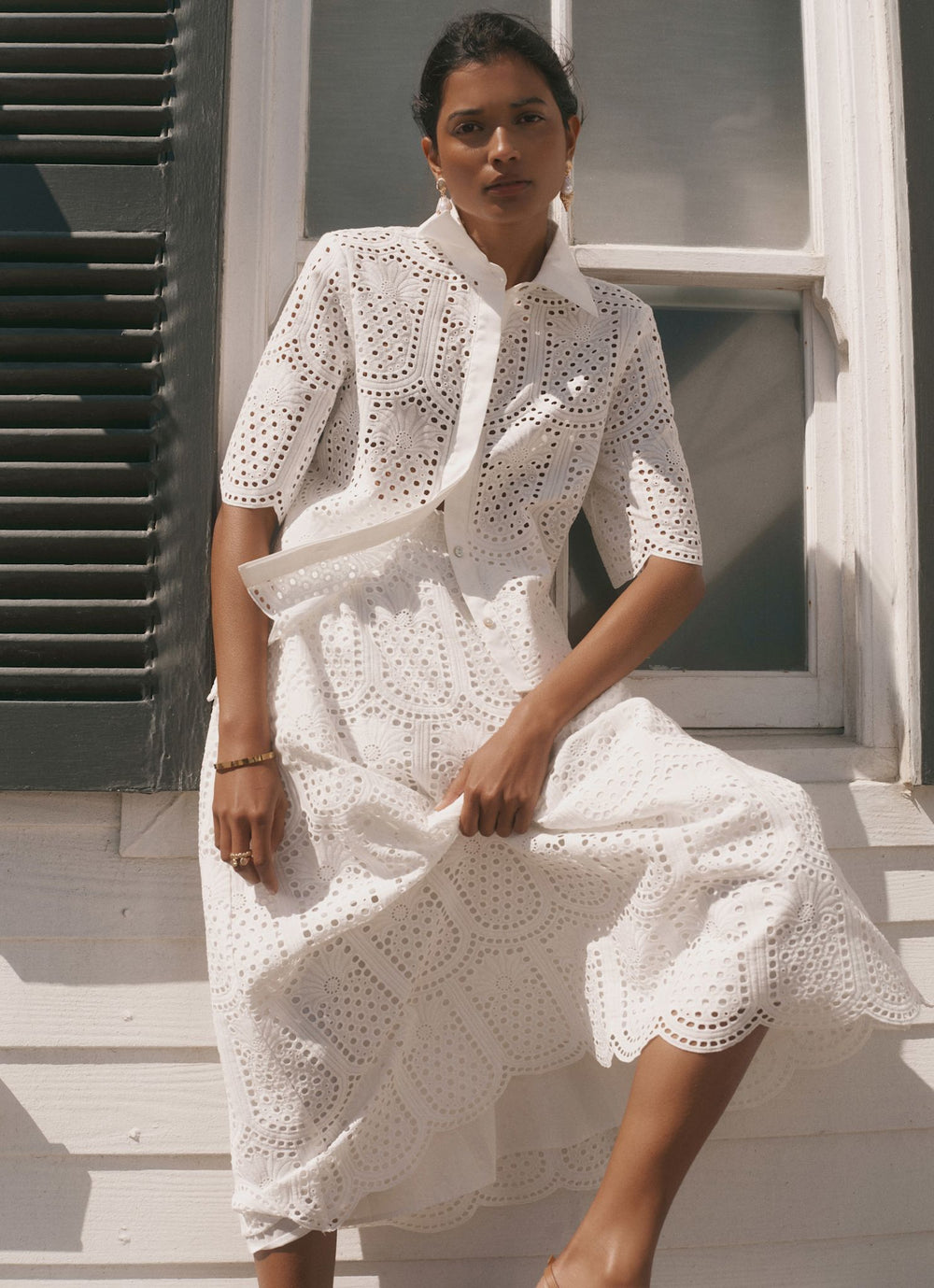 White Cotton Broderie Midi Skirt