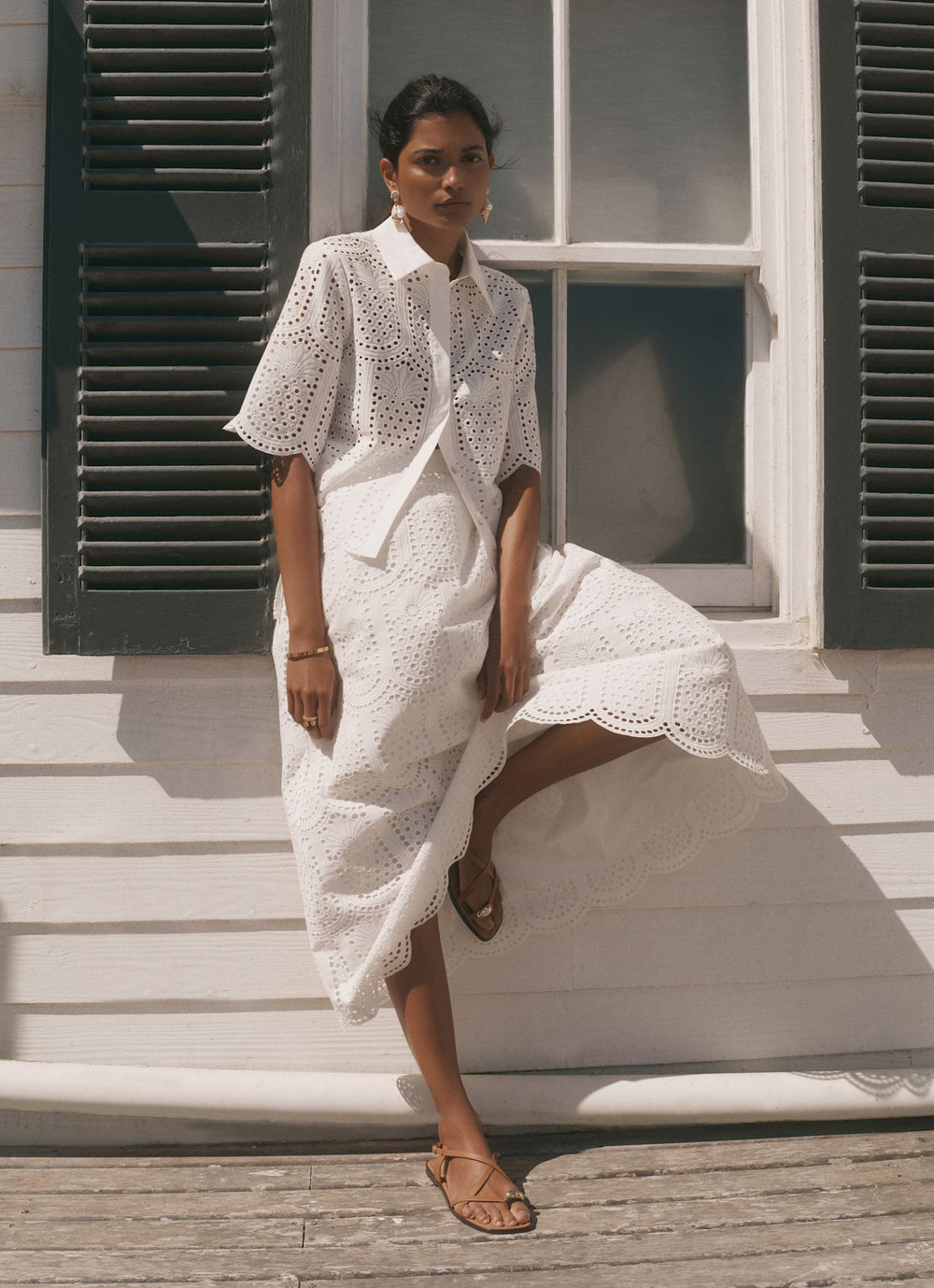 White Cotton Broderie Midi Skirt