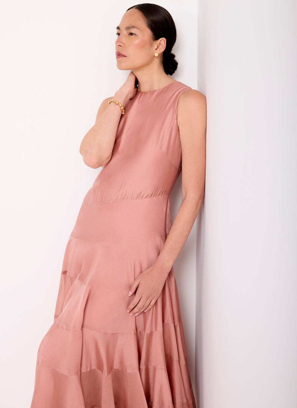 Pink Asymmetric Tiered Midi Dress