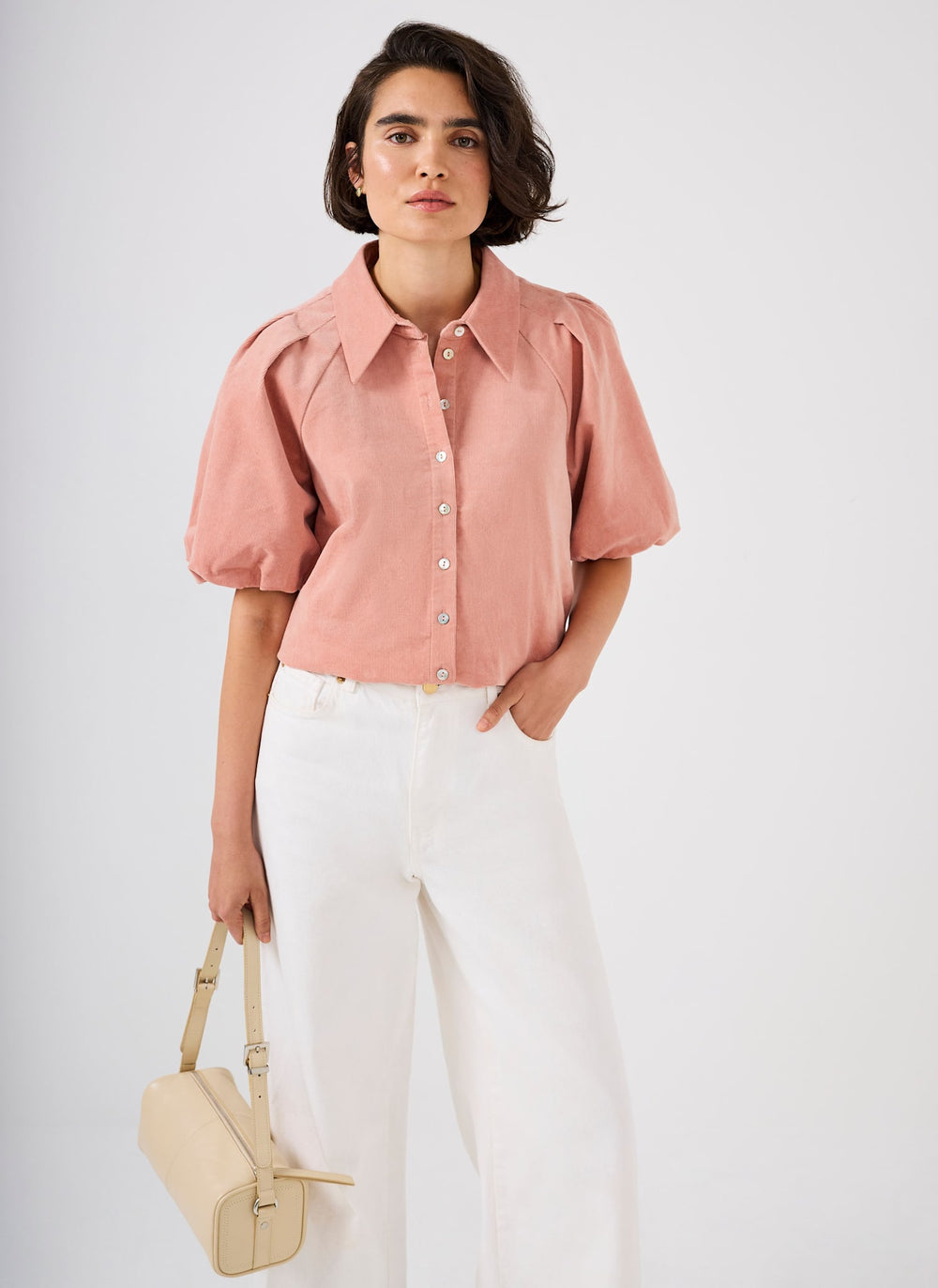 Pink Corduroy Puff Sleeve Shirt