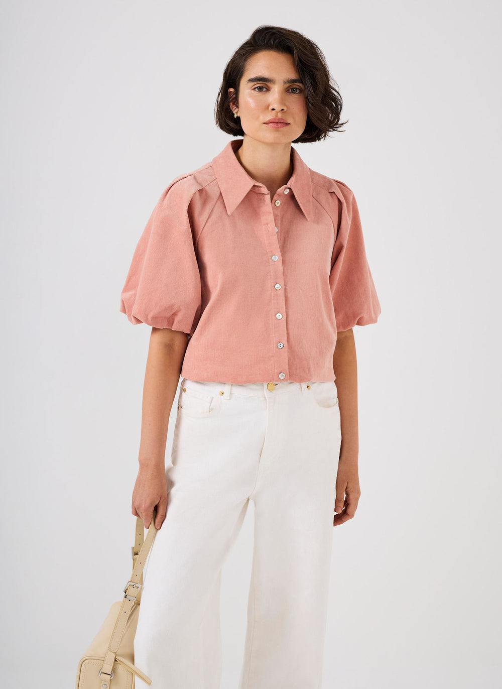 Pink Corduroy Puff Sleeve Shirt