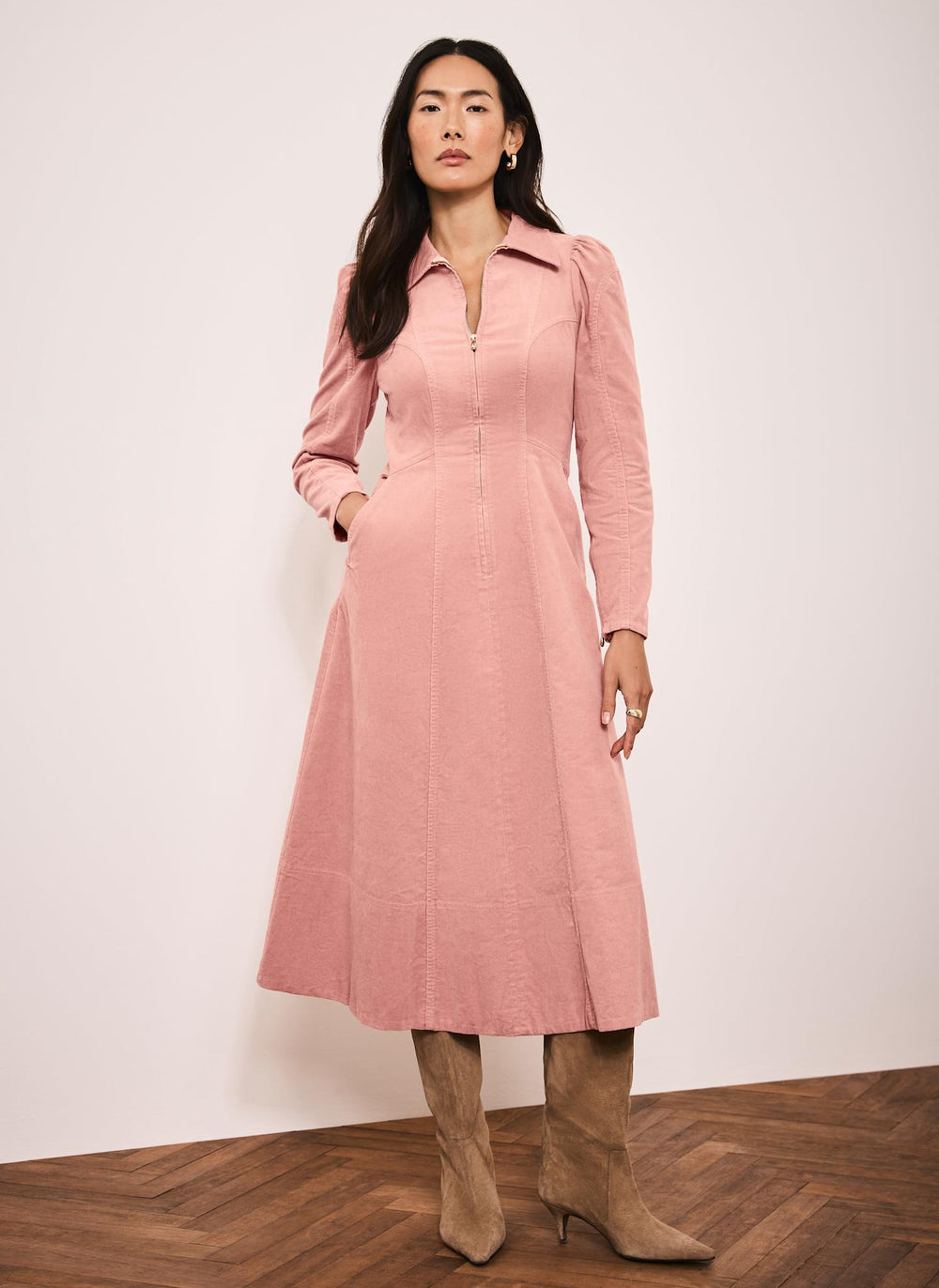 Pink Corduroy Midi Dress