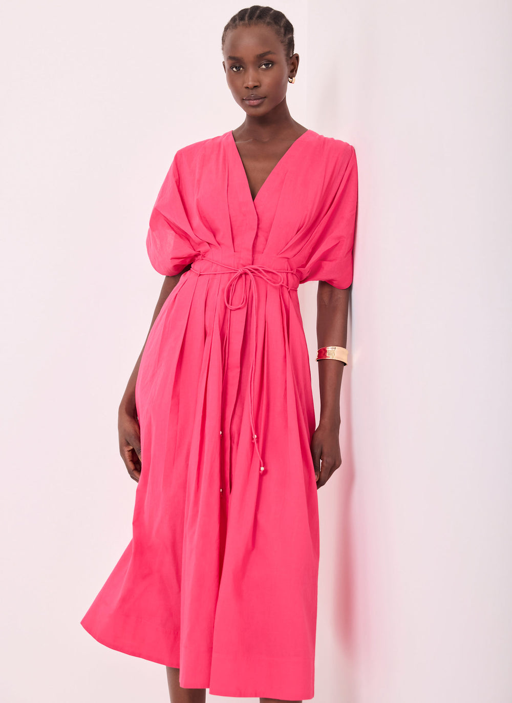 Pink Cotton Tie Waist Midi Dress