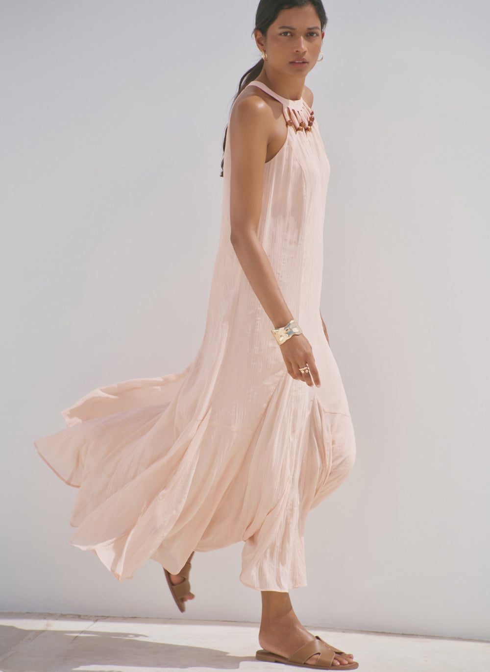 Pink Beaded Halter Maxi Dress