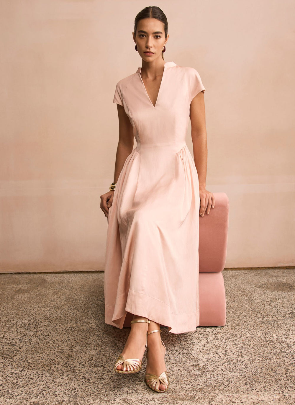 Pink Ruched Detail Midi Dress