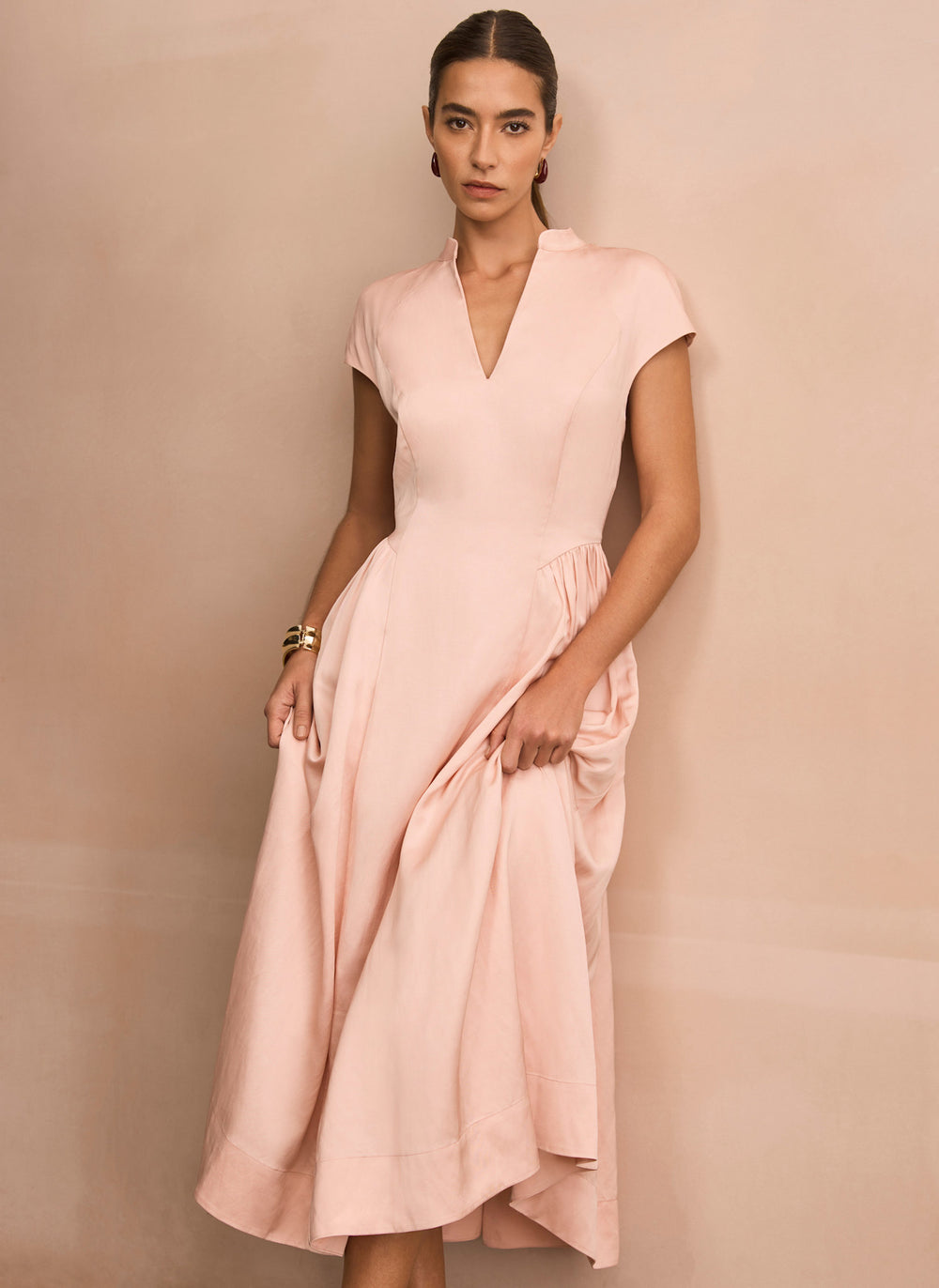 Pink Ruched Detail Midi Dress