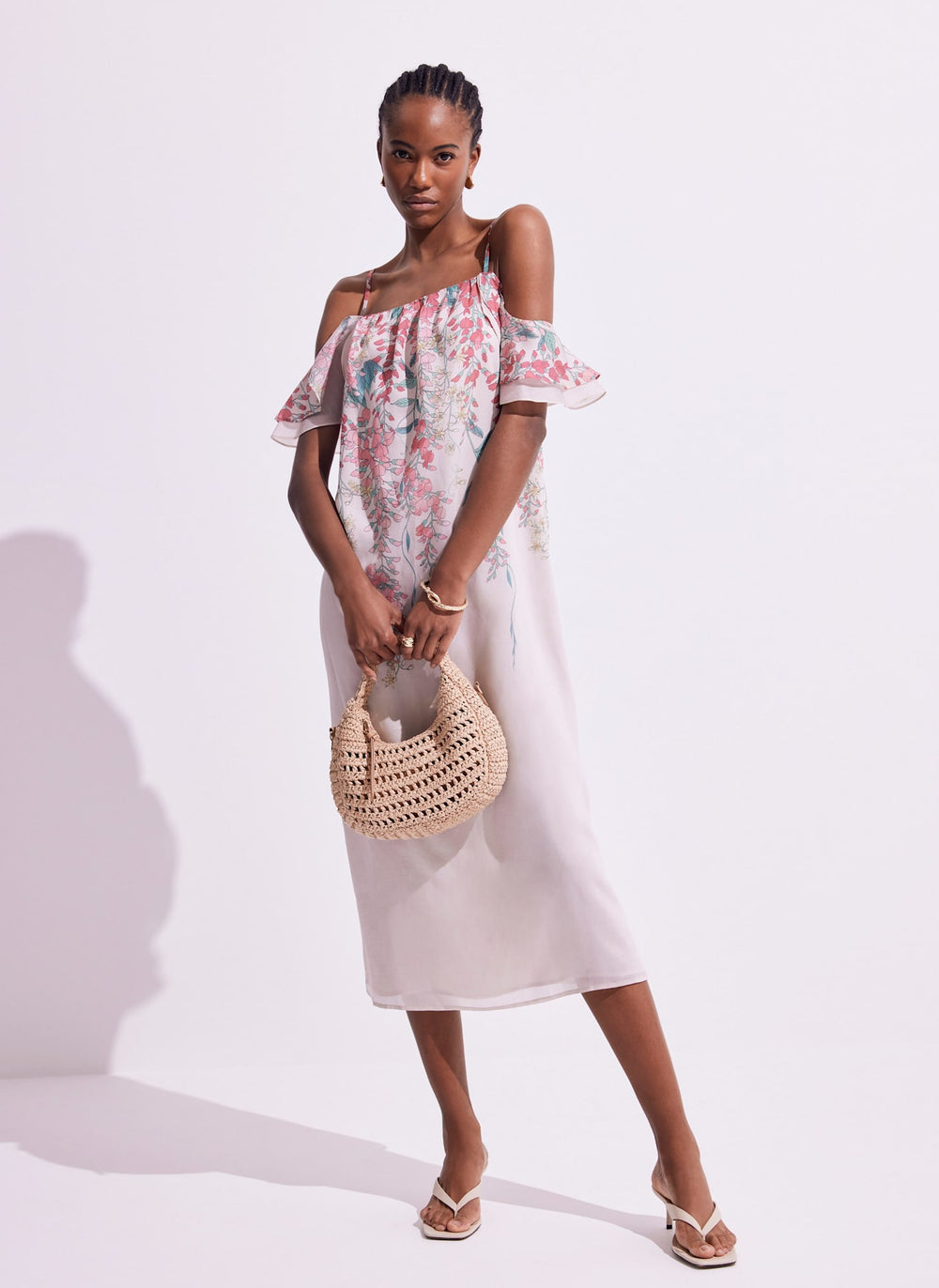 Pink Floral Print Midi Dress