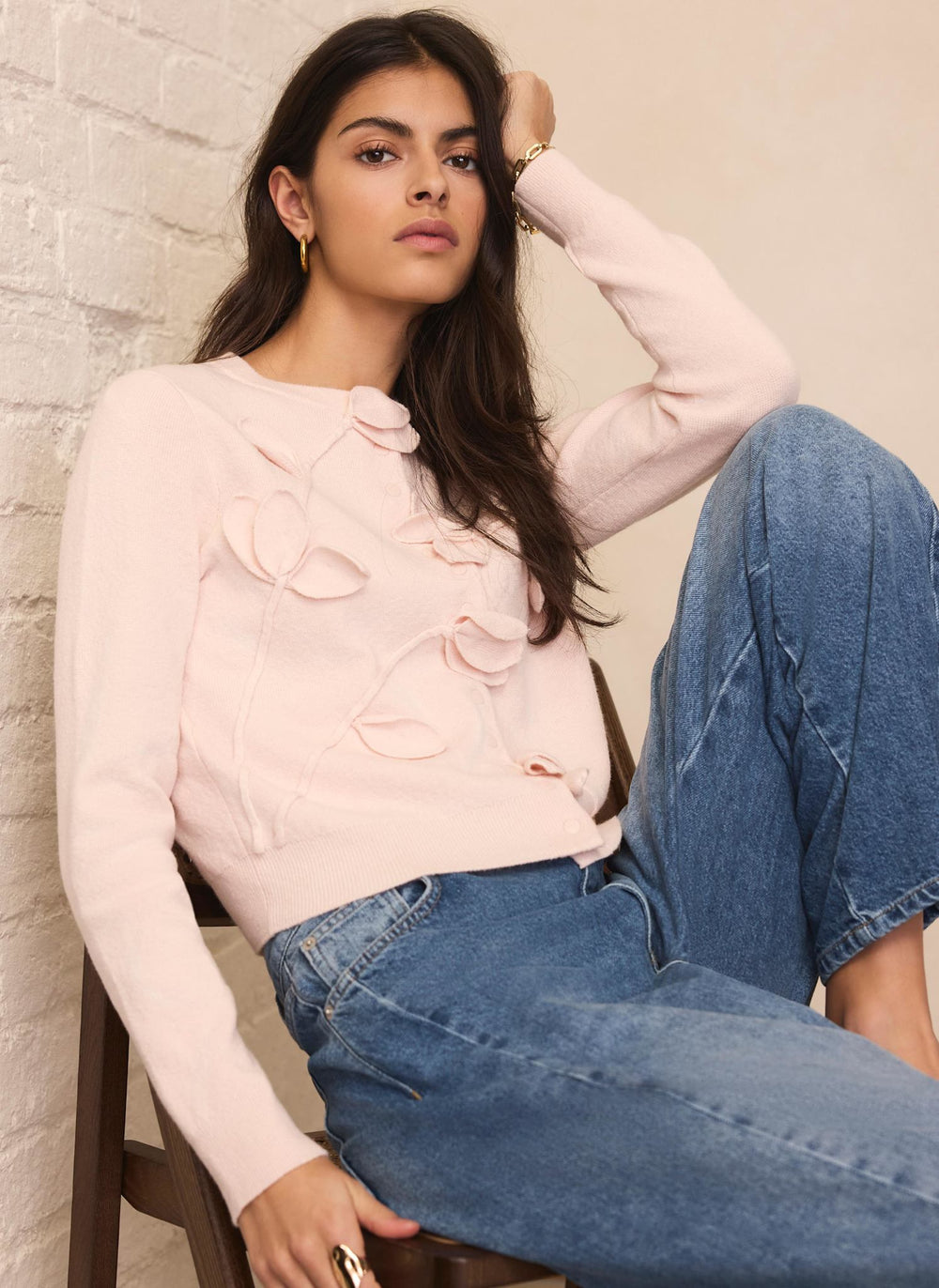 Pink Floral Applique Popper Cardigan