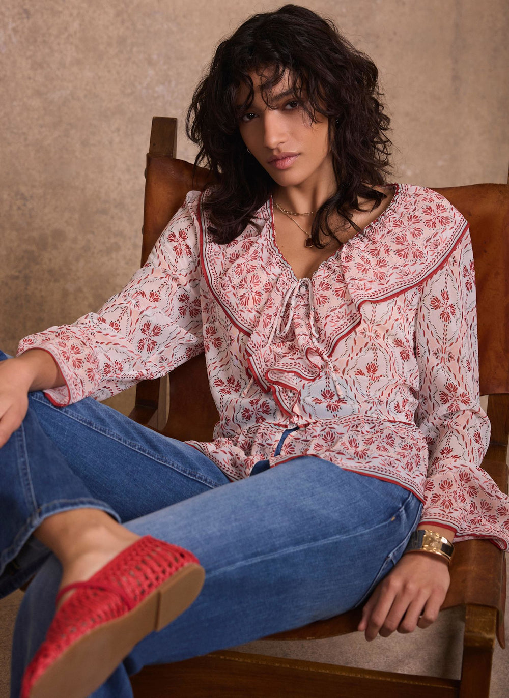 Pink Geo Print Ruffle Blouse