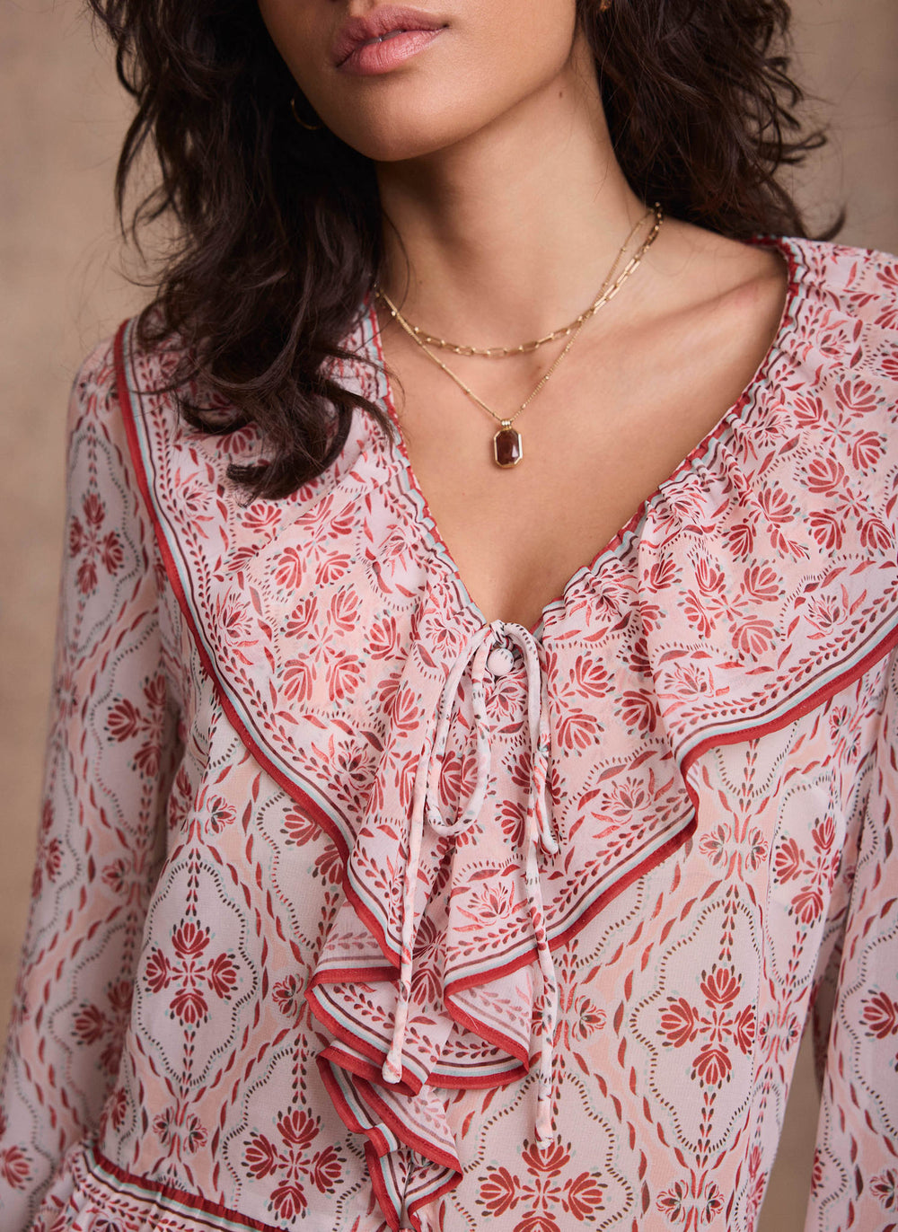 Pink Geo Print Ruffle Blouse